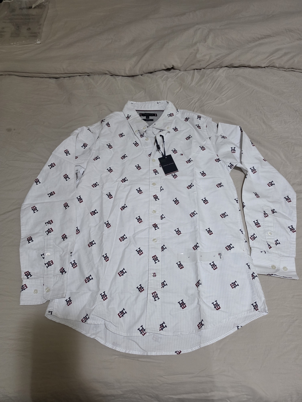 Tommy Hilfiger White Button-Down Shirt with Navy & Red Logo Print